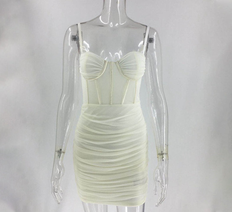 Sweetheart Corset Boning Mesh Ruched Bodycon Mini Dress