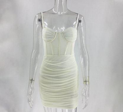 Sweetheart Corset Boning Mesh Ruched Bodycon Mini Dress