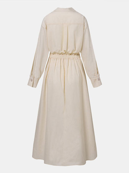 Long Sleeve Wrap Front Deep V-Neck Pleated Maxi Shirt Dress