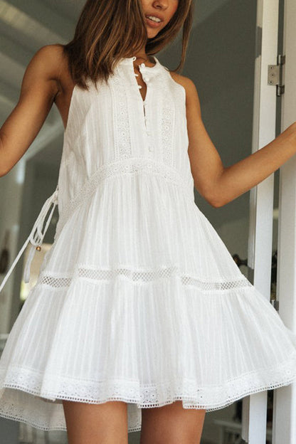 Button Front Lace Trim Empire Waist Tiered Babydoll Mini Dress