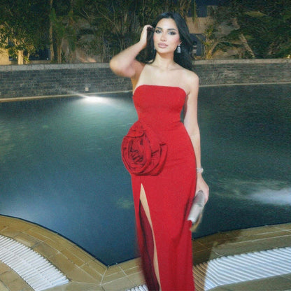 Strapless Sweetheart Rosette Applique High Slit Column Maxi Dress