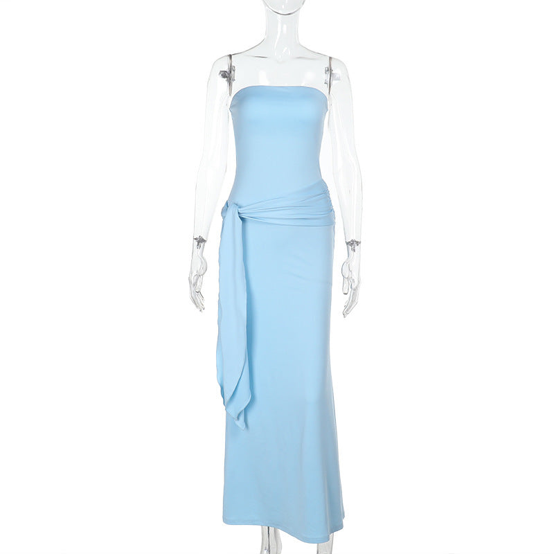 Strapless Ruched Hip Sash Drape Mermaid Column Maxi Dress