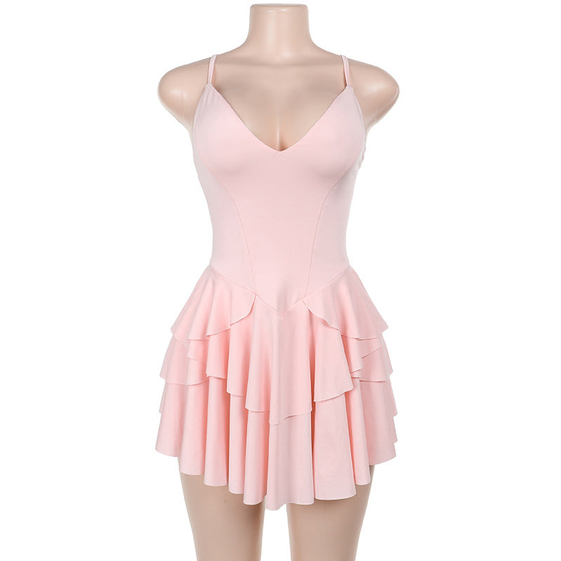 Deep V-Neck Spaghetti Strap Corset Tiered Ruffle Mini Dress
