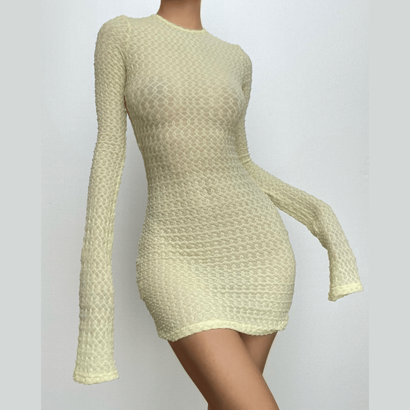 Crew Neck Honeycomb Lattice Knit Bell Cuff Bodycon Mini Dress