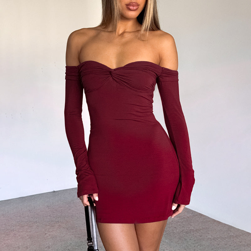 Off Shoulder Sweetheart Twist Knot Long Sleeve Bodycon Mini Dress