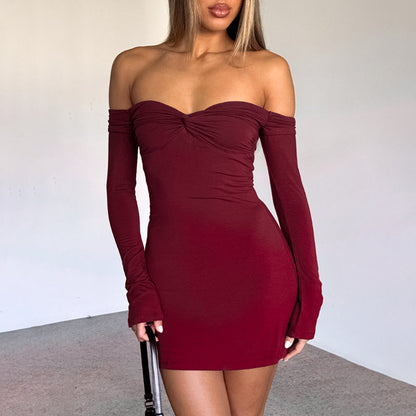 Off Shoulder Sweetheart Twist Knot Long Sleeve Bodycon Mini Dress