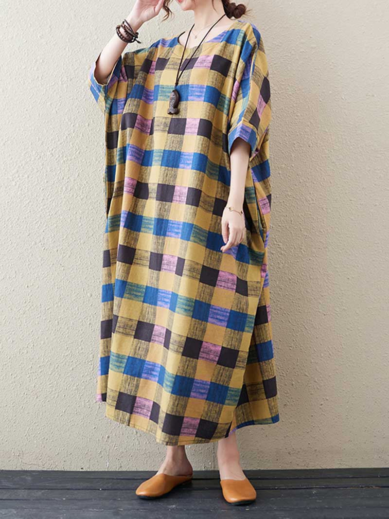 Plaid Bat Sleeve Midi Dress