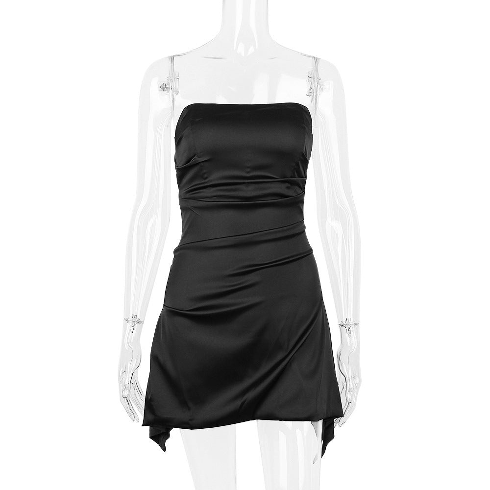 Strapless Ruched Gathered Bust Draped Hem Satin Mini Dress