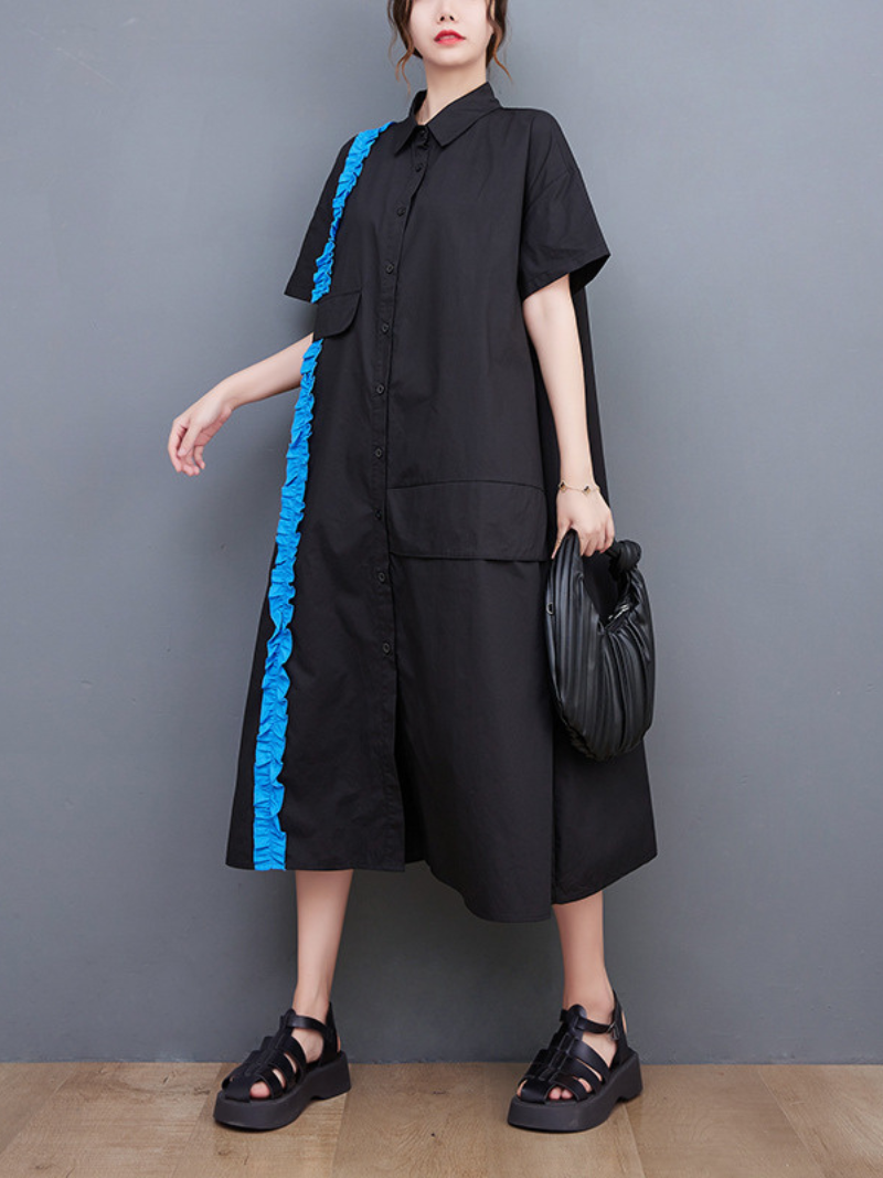 Collared Button Front Ruffle Trim Pocket Shirt Midi Dress