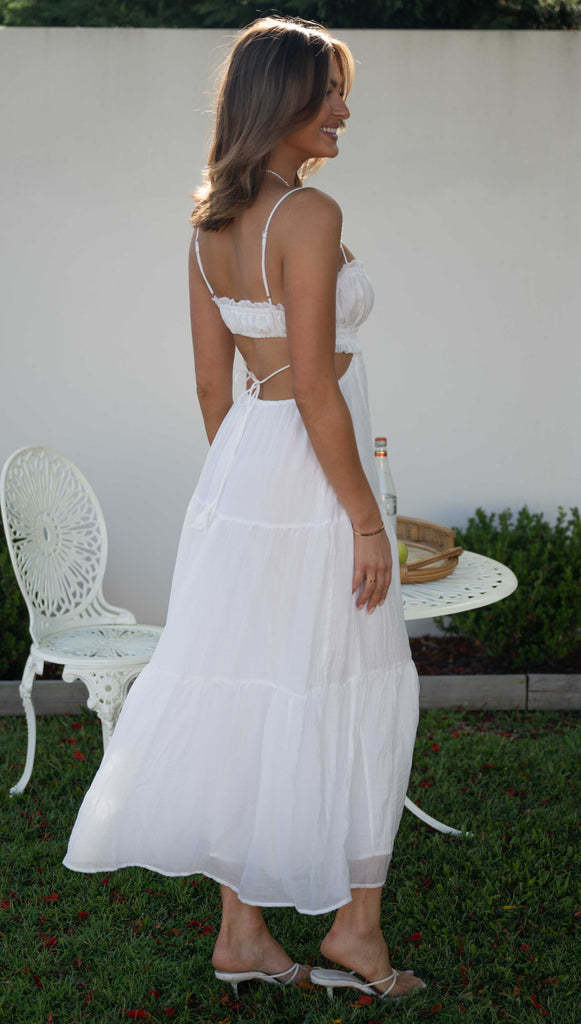 Spaghetti Strap Smocked Tie Tassel Side Cutout Tiered Crinkle Maxi Dress