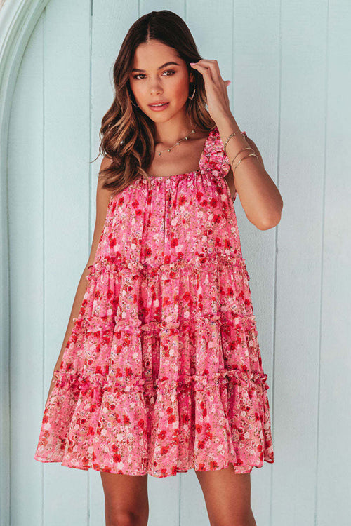 Square Neck Ruffled Strap Tiered Floral Babydoll Mini Dress