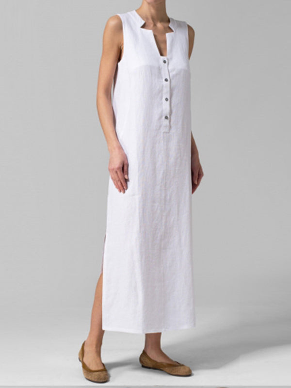 Sleeveless Notched Collar Button Front Linen Maxi Dress with Side Slits