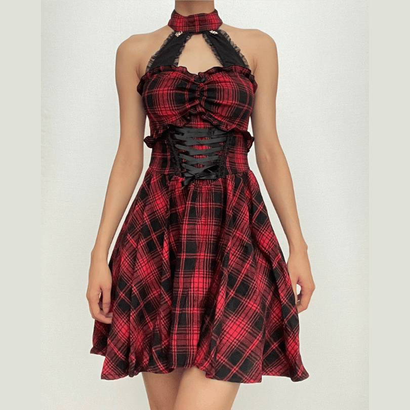 Plaid Halter Choker Keyhole Lace Up Corset Backless Mini Dress