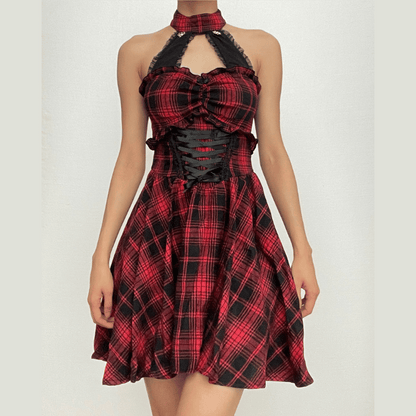 Plaid Halter Choker Keyhole Lace Up Corset Backless Mini Dress