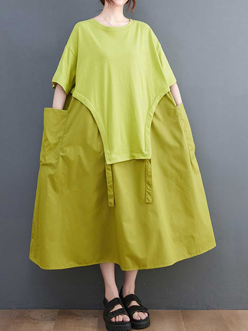 Round Neck Layered Pointed Hem Short Sleeve Pocket Loose Maxi Dress