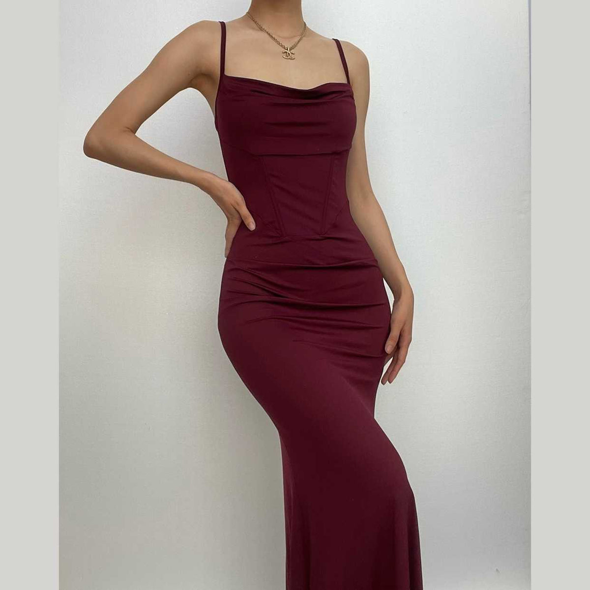 Spaghetti Strap Cowl Neck Corset Seam Ruched Bodycon Maxi Dress