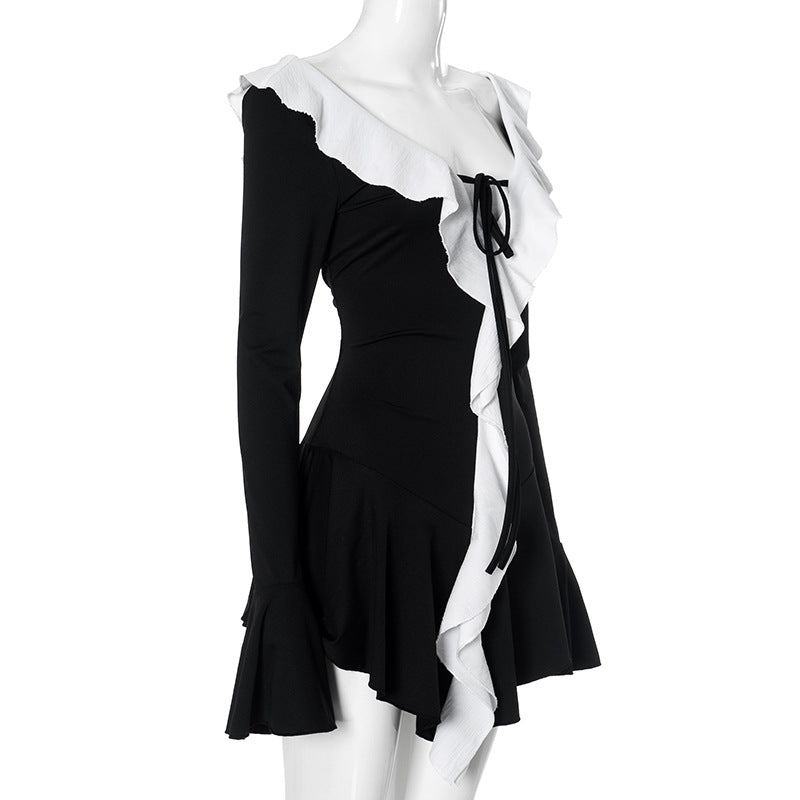 Deep V Neck Tie Front Ruffle Collar Bell Sleeve Mini Dress