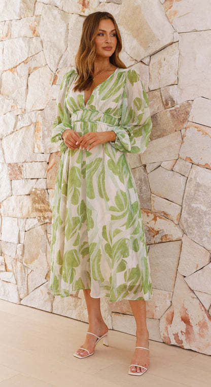Deep V-Neck Long Bishop Sleeve Smocked Empire Waist Botanical Print Midi Dress