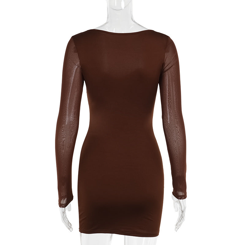 Wide Scoop Neck Lace Trim Underwire Bustier Mesh Sleeve Bodycon Mini Dress