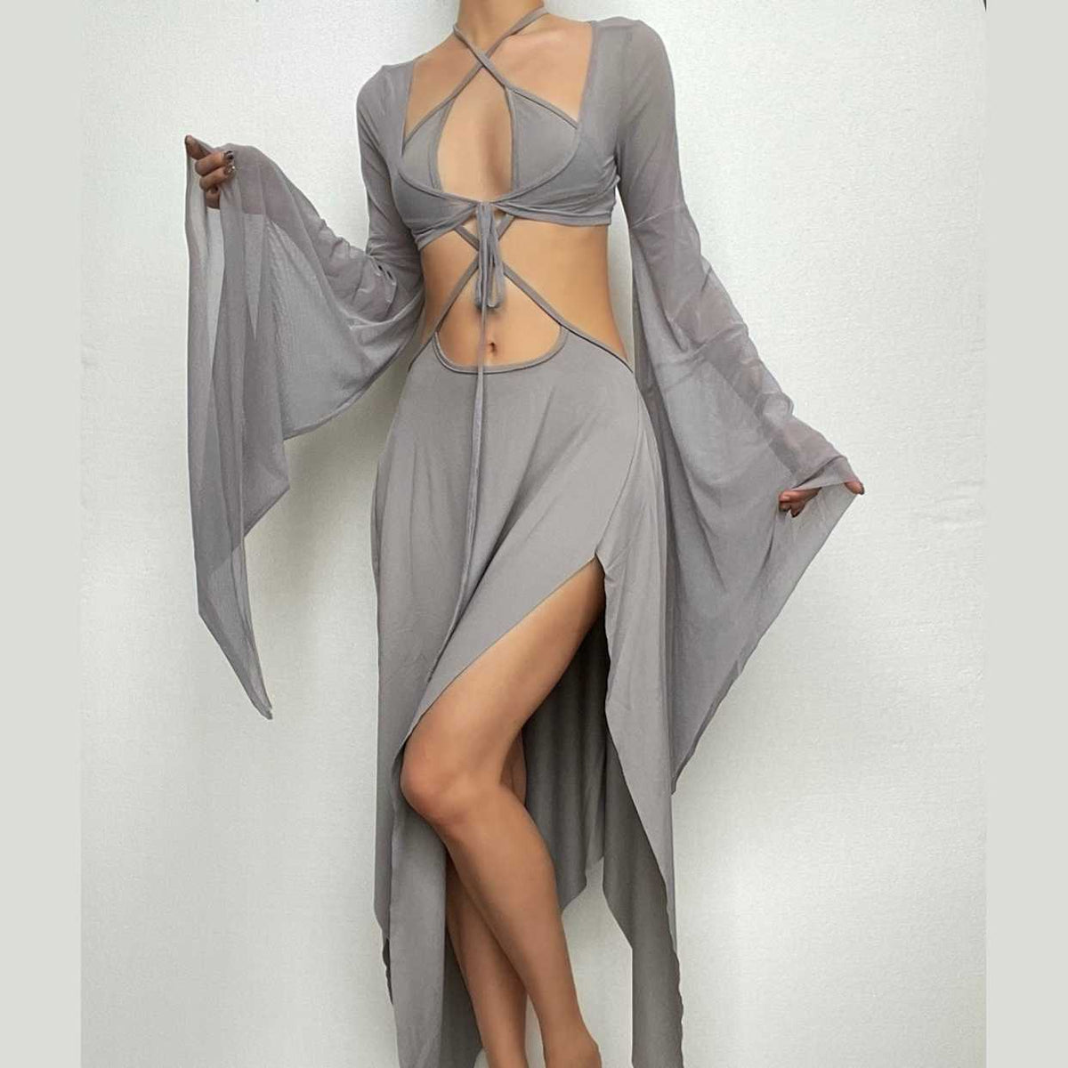 Halter Keyhole Self Tie Bell Sleeve Shrug Cutout Side Slit Handkerchief Hem Midi Dress