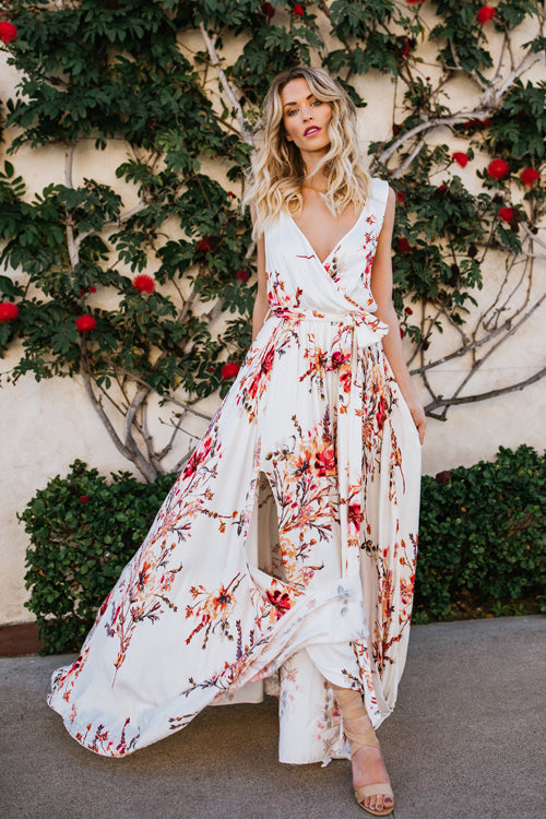 Surplice V-Neck Tie Waist High Slit Floral Print Maxi Dress