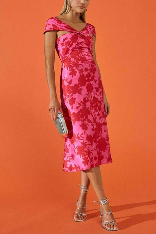 Twist Front High Waist Floral Print Midi Dress