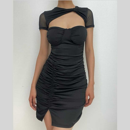 Short Sleeve Mesh Ruched Cutout Mini Dress