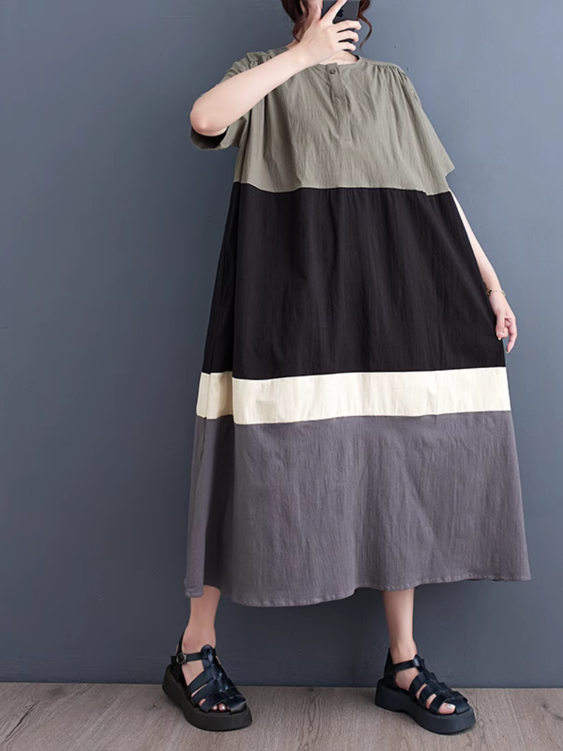 Round Neck Henley Button Contrast Panel Loose Midi Dress