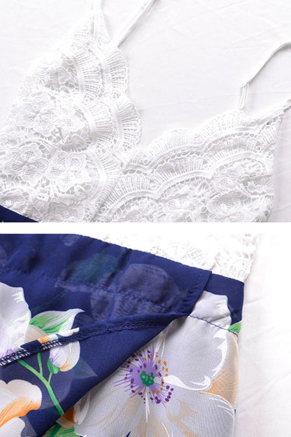 Lace Bodice Floral Print Wrap Slit Maxi Dress
