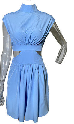 High Neck Pleated Waist Cutout Flared Mini Dress