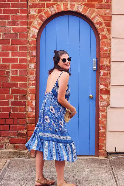 Square Neck Spaghetti Strap Bohemian Floral Border Print Ruffle Hem Midi Dress