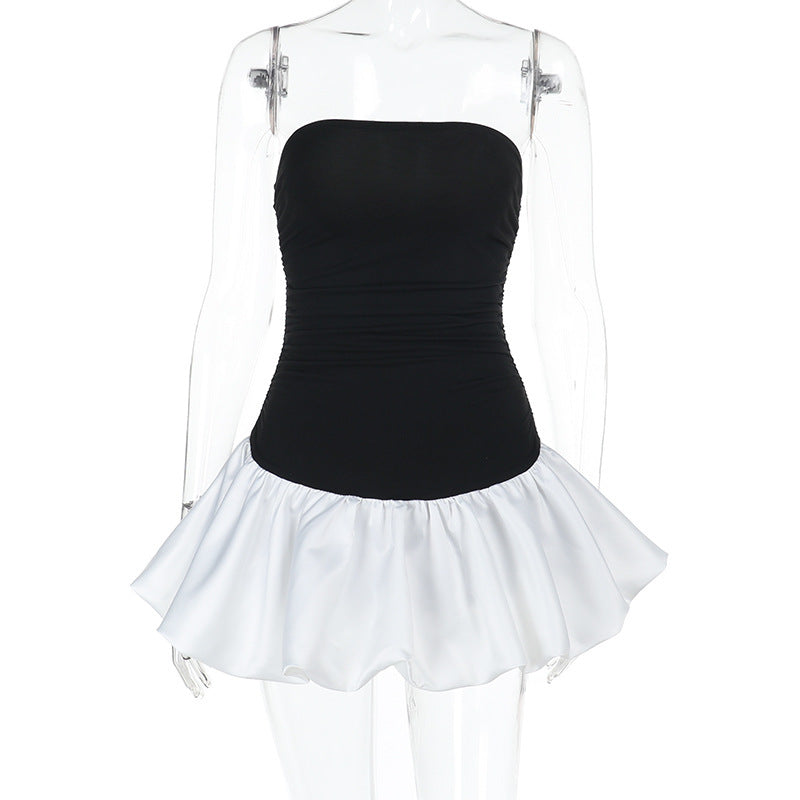 Strapless Ruched Bubble Hem Colorblock Mini Dress