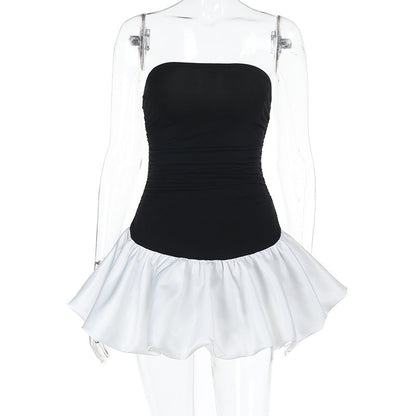 Strapless Ruched Bubble Hem Colorblock Mini Dress