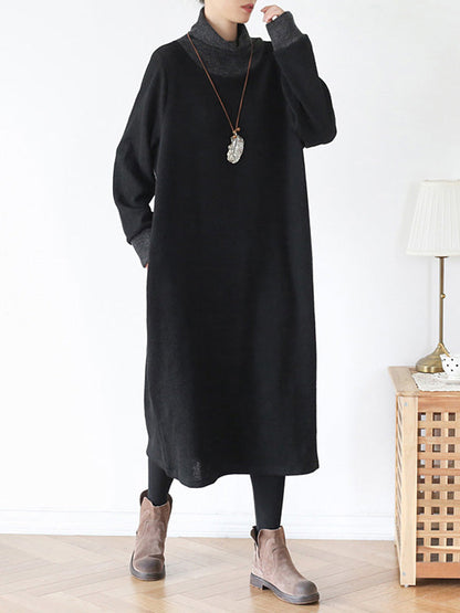 Crew Neck Long Sleeve Layered Look Oversized Pocket Midi Dress
