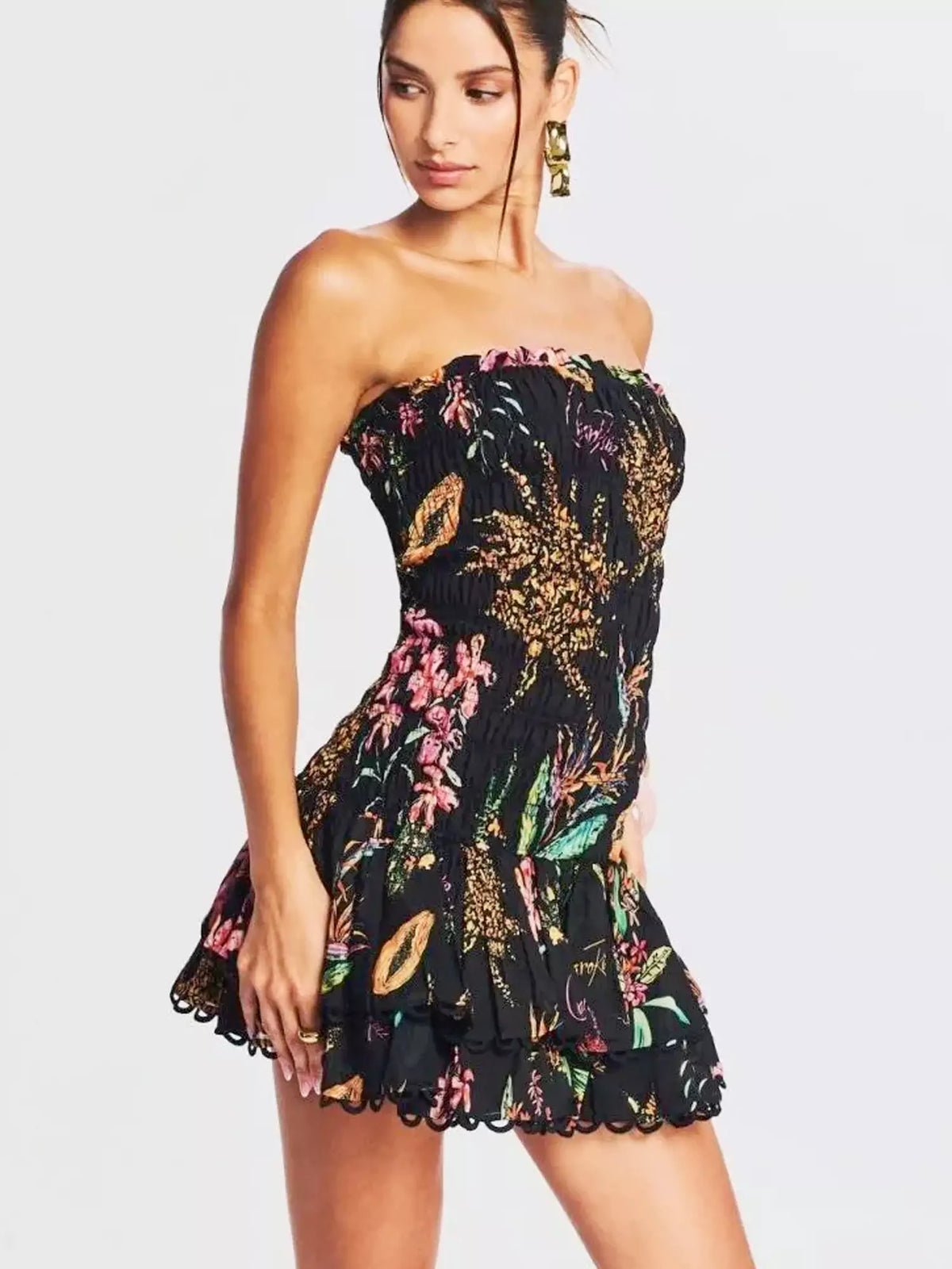 Strapless Smocked Bodice Tiered Ruffle Scalloped Lace Trim Tropical Print Mini Dress