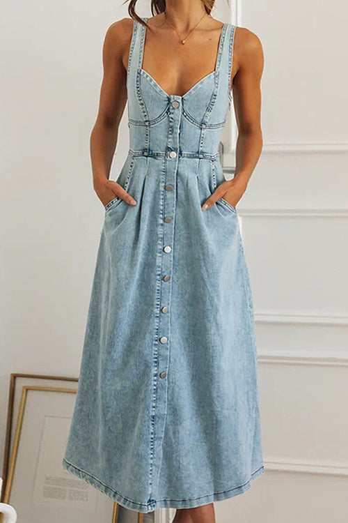 Sweetheart Neck Corset Button Front Pocket Pleated Denim Midi Dress
