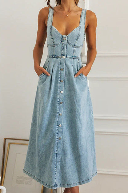 Sweetheart Neck Corset Button Front Pocket Pleated Denim Midi Dress