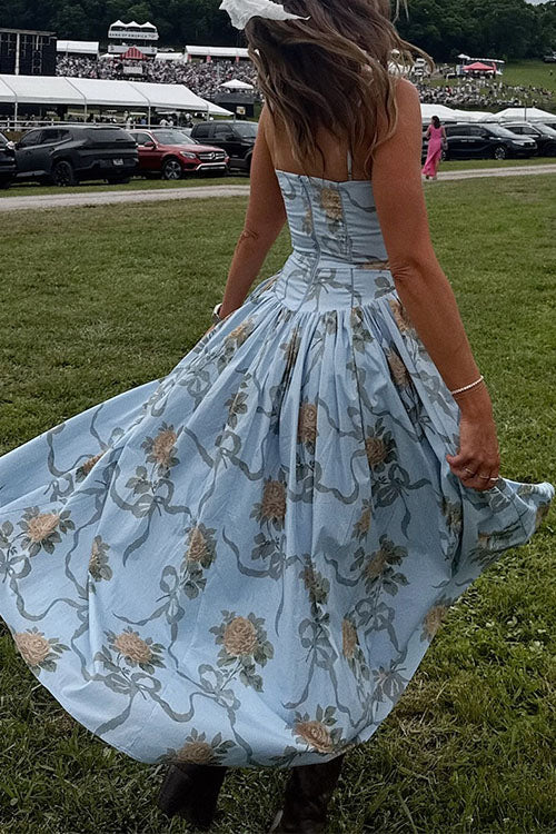 Spaghetti Strap Waisted Floral Print A-line Maxi Dress