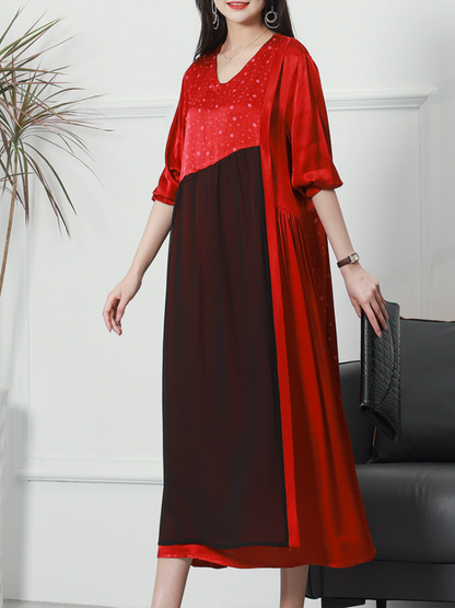 V Neck Three Quarter Sleeve Star Print Color Block Maxi Dress