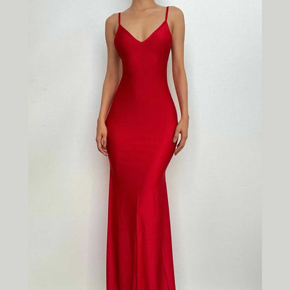 Deep V Neck Spaghetti Strap Ruched Mermaid Maxi Dress