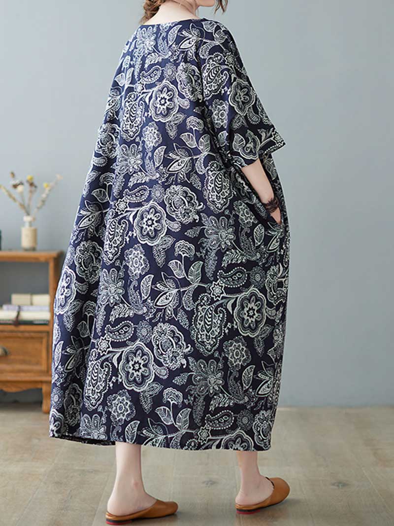 V Neck Batwing Sleeve Abstract Print Kaftan Midi Dress