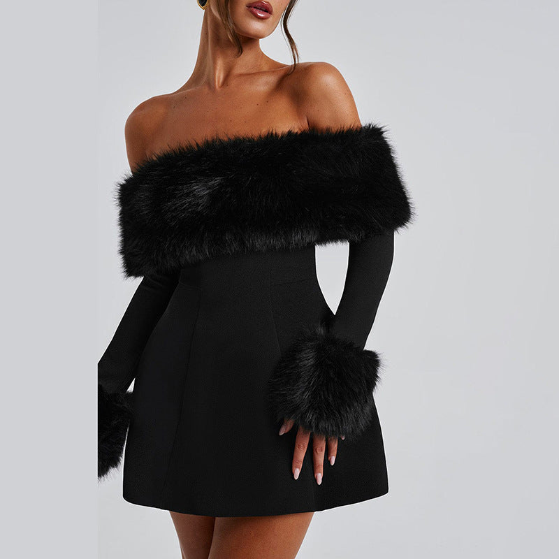 Off Shoulder Faux Fur Trim Long Sleeve A-Line Mini Dress