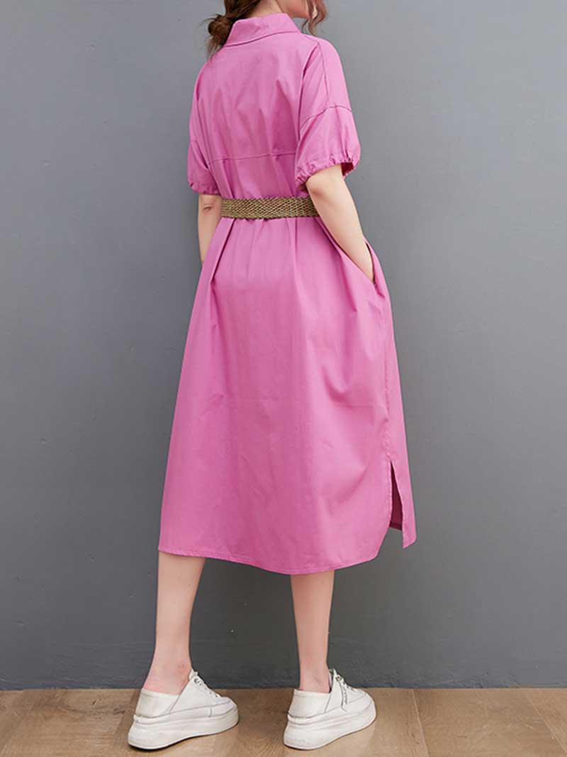 Pointed Collar Button Front Belted Cotton Shirt Midi Dress