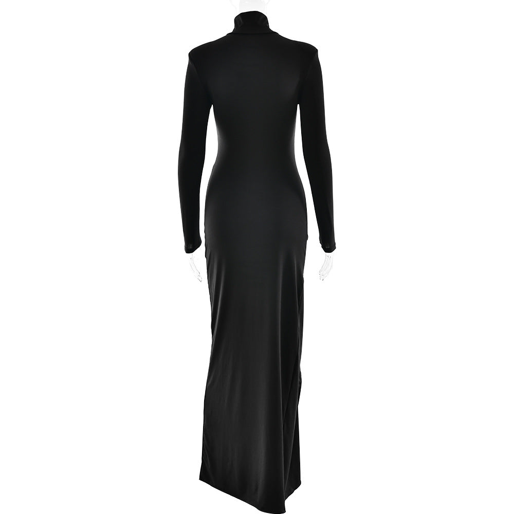 Turtleneck Long Sleeve Twist Waist Knot High Slit Bodycon Maxi Dress