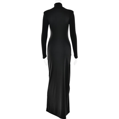 Turtleneck Long Sleeve Twist Waist Knot High Slit Bodycon Maxi Dress