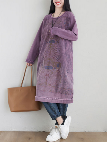 Round Neck Raw Edge Mandala Print Side Slit Oversized Tunic Dress
