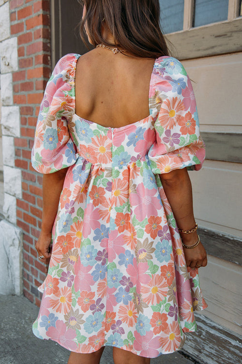Square Neck Puff Sleeve Ditsy Floral Empire Babydoll Mini Dress
