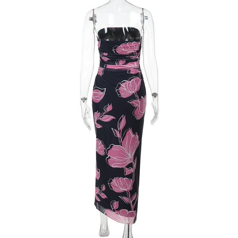 Strapless Ruched Floral Print Column Maxi Dress