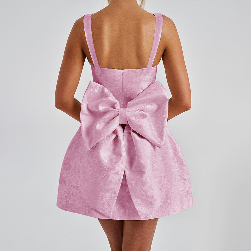 Square Neck Jacquard Brocade Floral Oversized Bow Back Skater Mini Dress