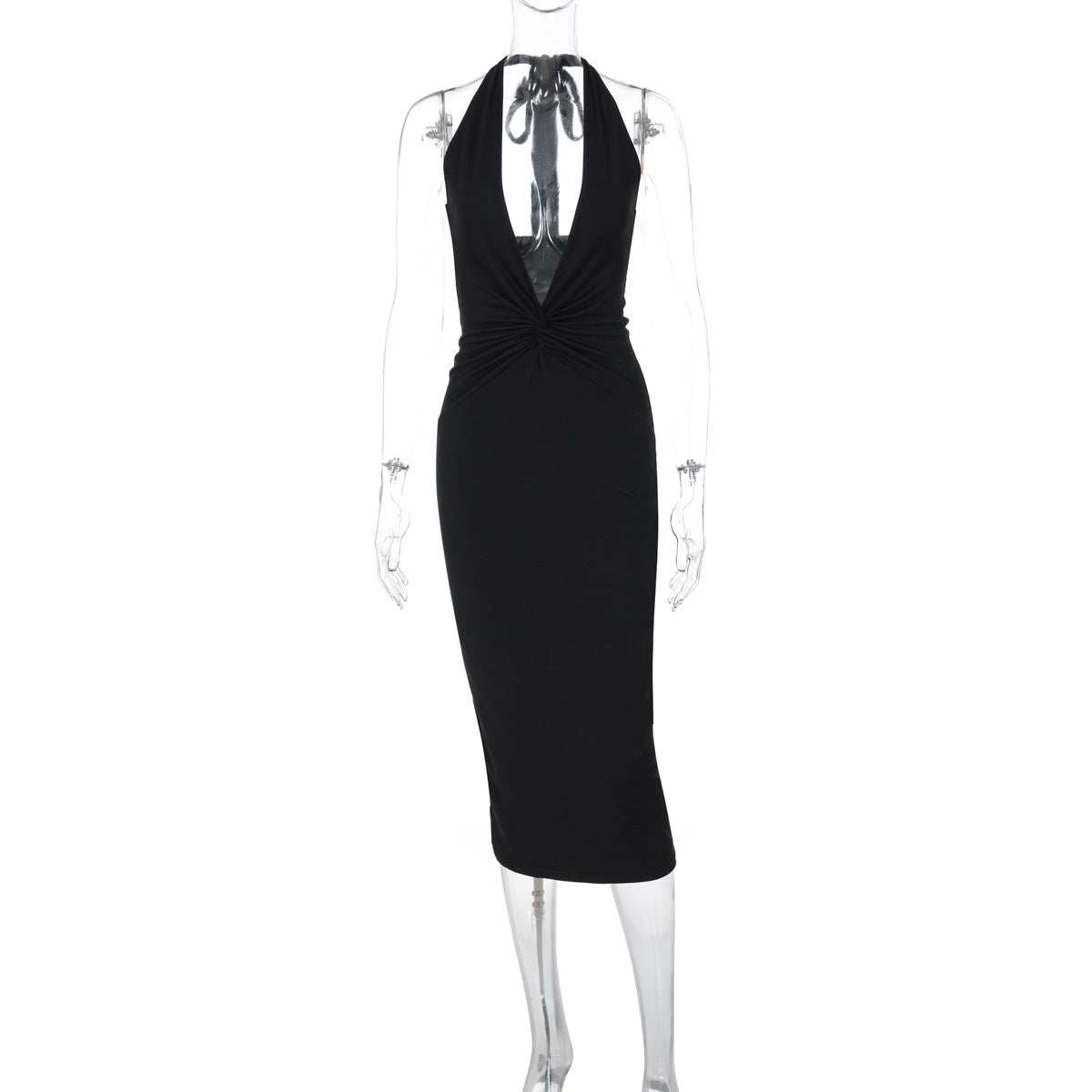 Halter Neck Plunging Twist Front Ruched Bodycon Midi Dress